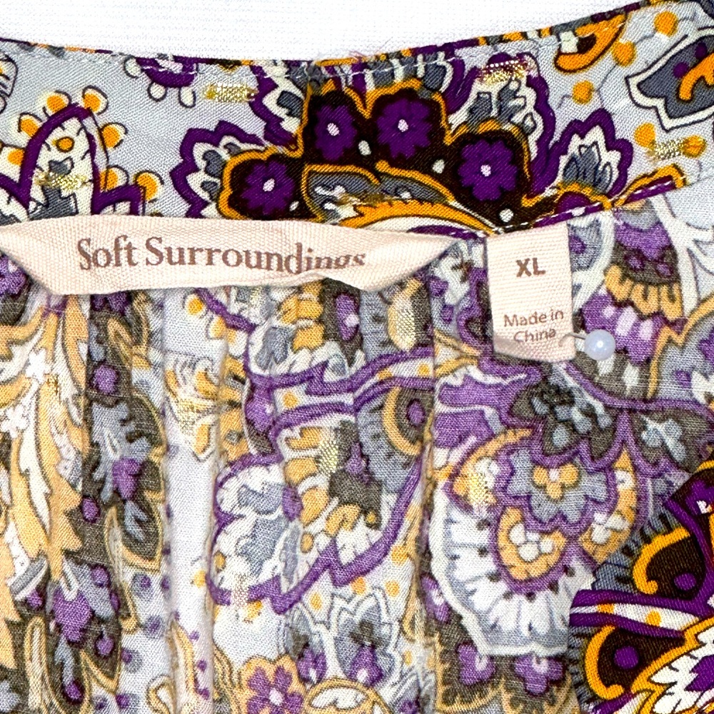 Soft Surroundings Blouse‎ Purple Paisley Floral Gold Metallic Floral Boho Sz XL - Picture 7 of 11